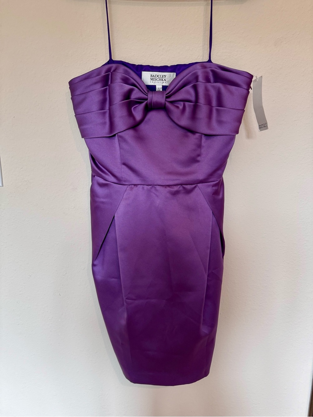 Badgley Mischka Jewel-Tone Satin Bow-Front Cocktail Dress